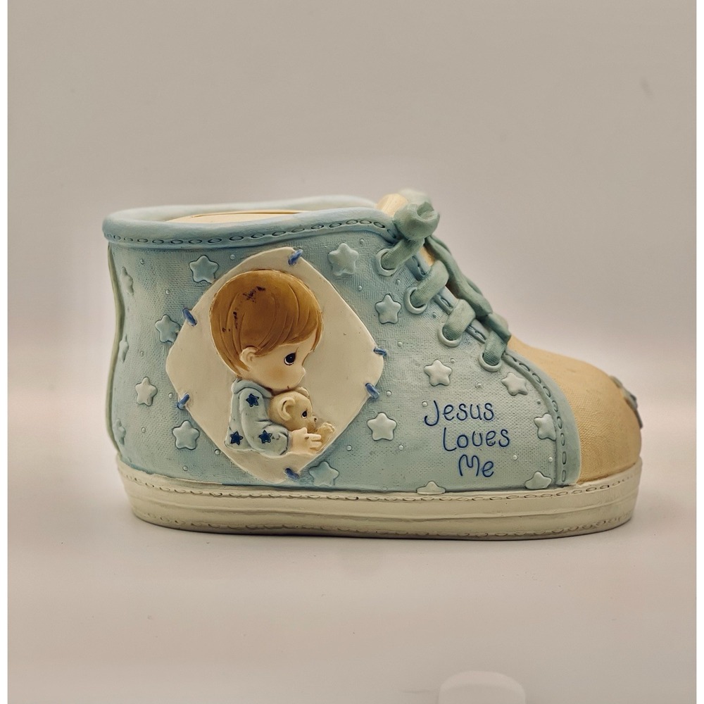 Precious Moments Jesus Loves Me Shoe Bank Resin Blue‎ Star Boy 1999